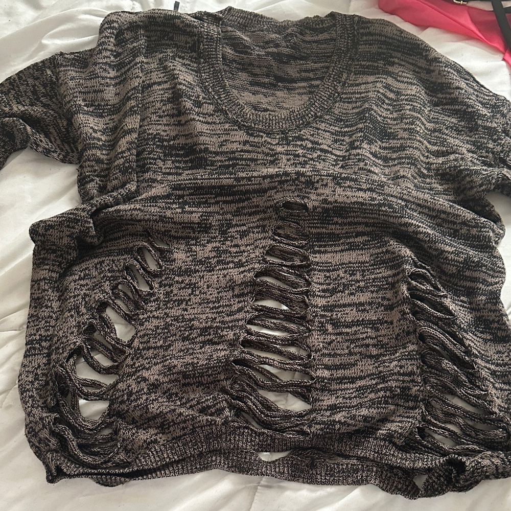 BCBGeneration Black and Gray Distressed Short-Sleeve Sweater